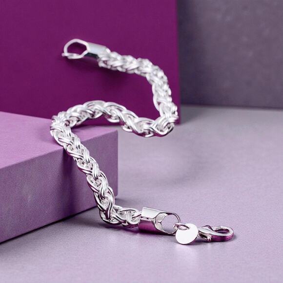 925 Sterling Silver Stamp Wheat Chain Bracelet Bulky 7” Unisex Bracelet - Picture 4 of 6